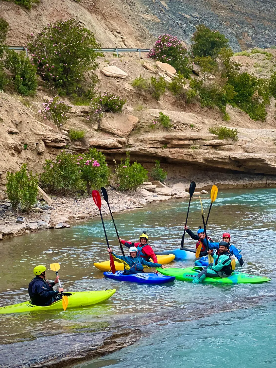 Group of whitewater kayakers on Morocco's Ahansal River